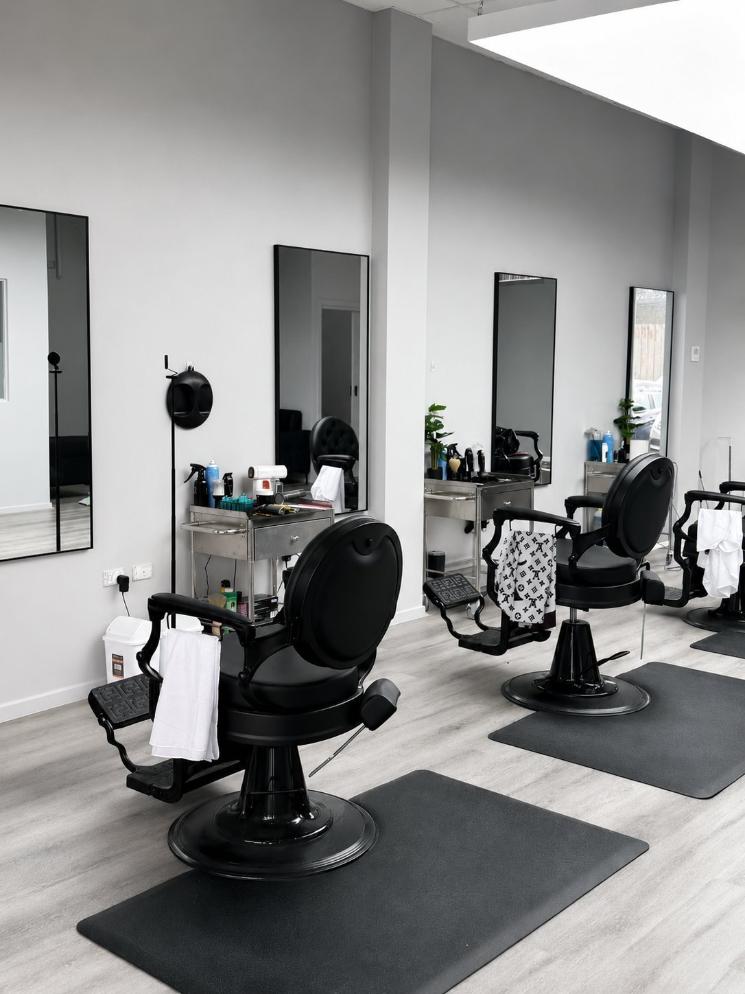 Modern barber shop interior with black hydraulic chairs, large mirrors, styling stations, and professional equipment